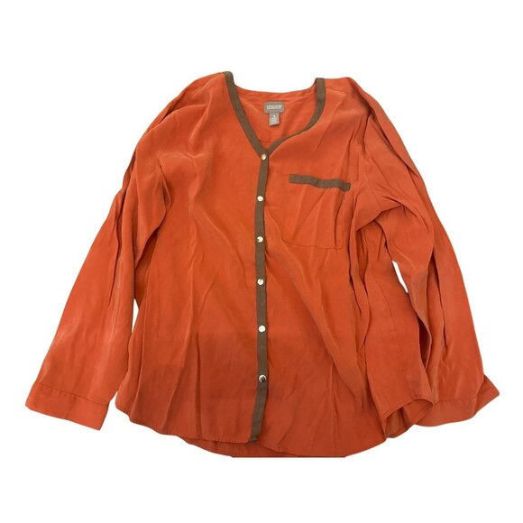 Chicos Womens Snap Button Shacket Blouse Sz 3 L Orange Brown Trim Fall - Picture 1 of 6